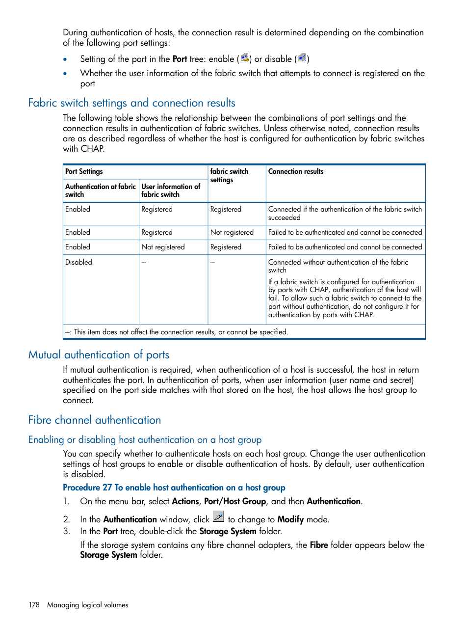 Fabric switch settings and connection results, Mutual authentication of ports, Fibre channel authentication | HP XP P9500 Storage User Manual | Page 178 / 411