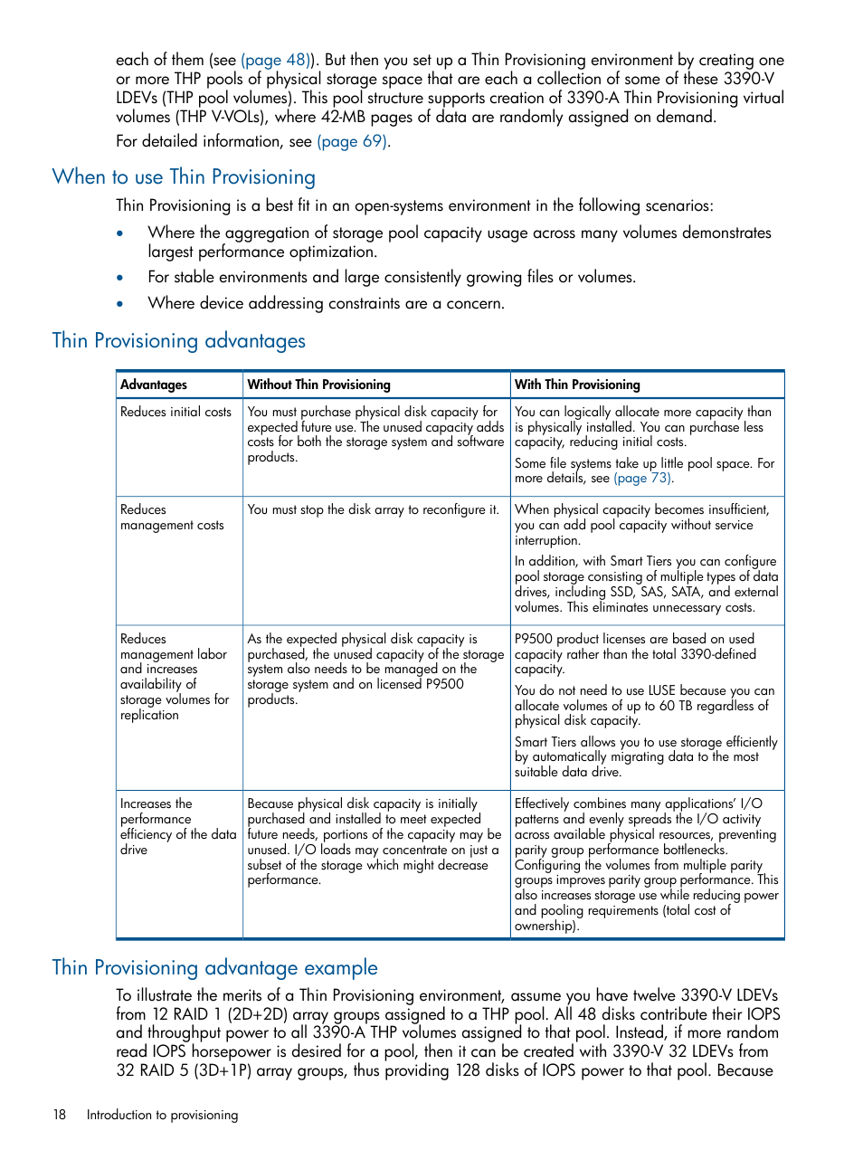 When to use thin provisioning, Thin provisioning advantages, Thin provisioning advantage example | HP XP P9500 Storage User Manual | Page 18 / 411