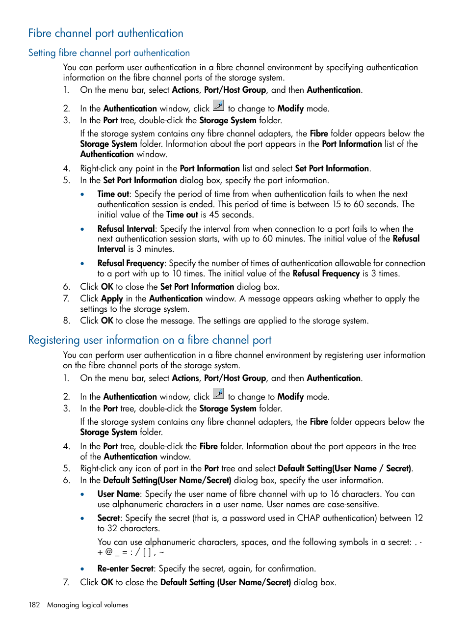 Fibre channel port authentication, Setting fibre channel port authentication | HP XP P9500 Storage User Manual | Page 182 / 411
