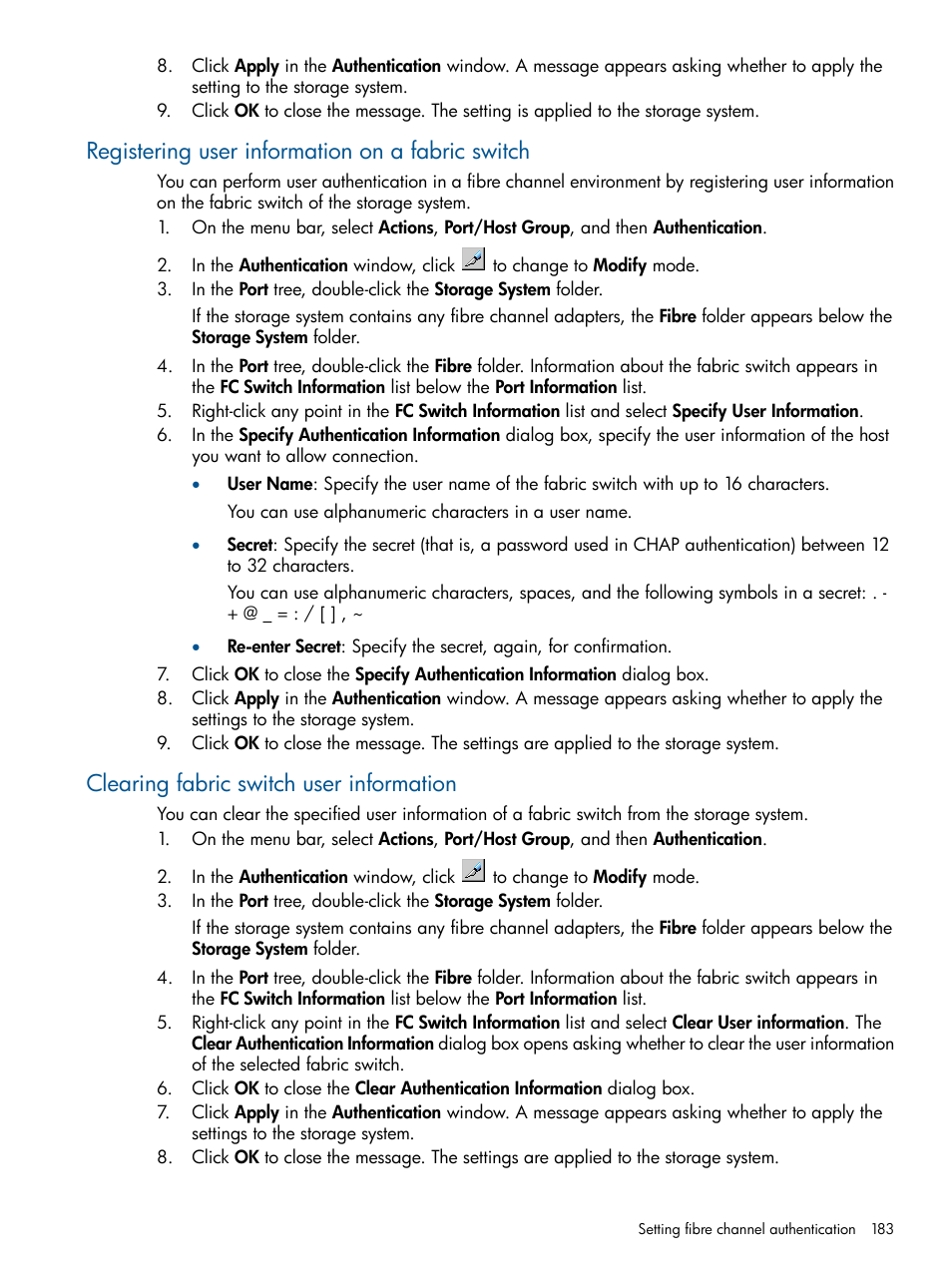 Registering user information on a fabric switch, Clearing fabric switch user information | HP XP P9500 Storage User Manual | Page 183 / 411