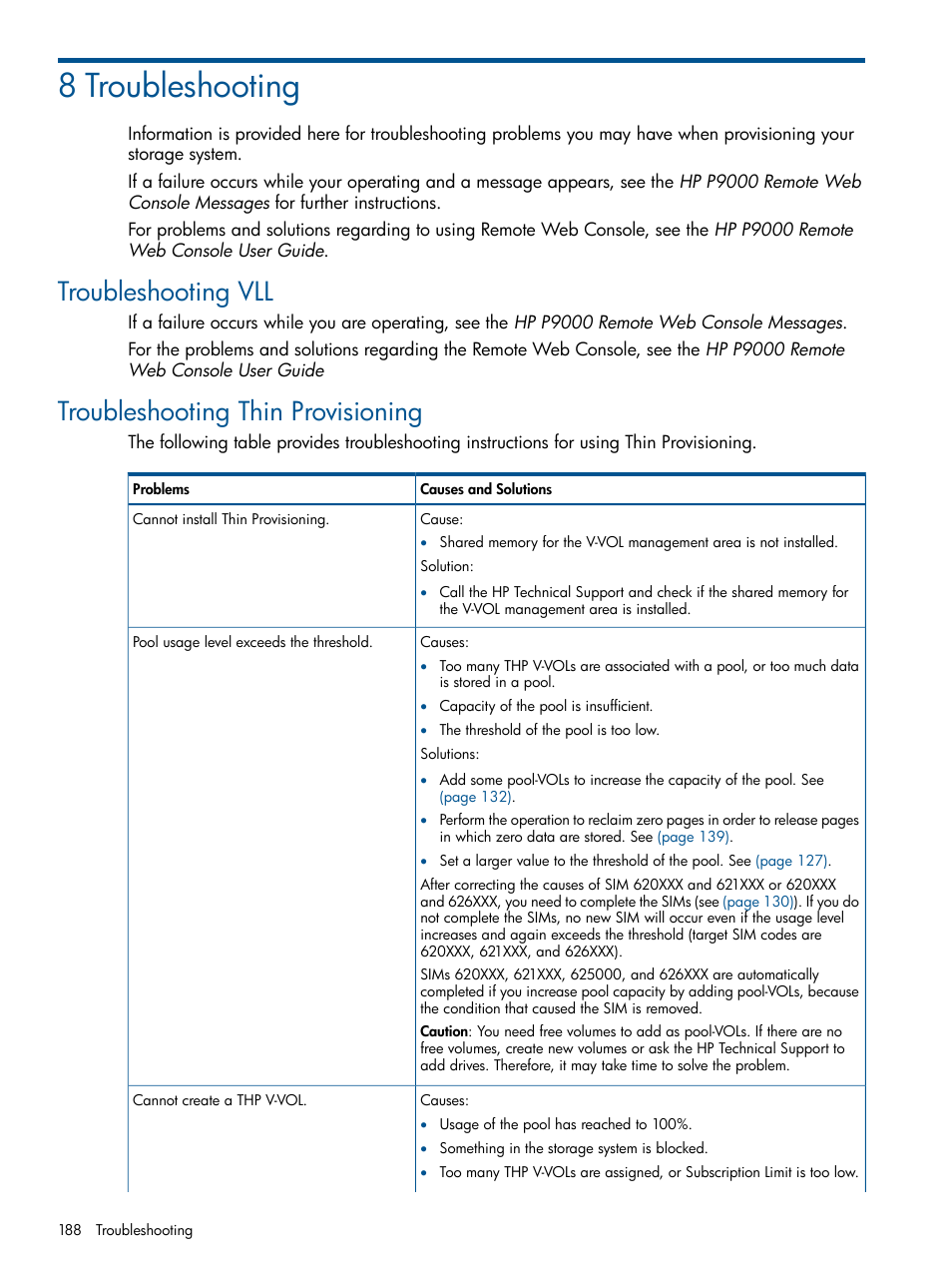 8 troubleshooting, Troubleshooting vll, Troubleshooting thin provisioning | HP XP P9500 Storage User Manual | Page 188 / 411