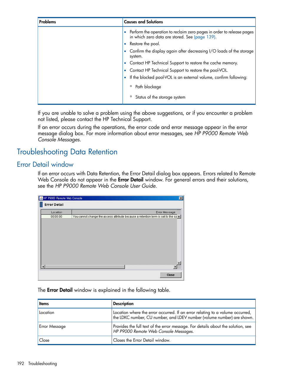 Troubleshooting data retention, Error detail window | HP XP P9500 Storage User Manual | Page 192 / 411