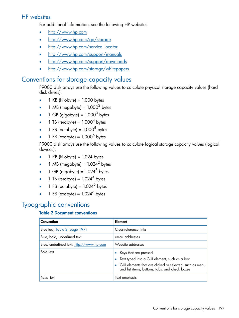 Hp websites, Conventions for storage capacity values, Typographic conventions | HP XP P9500 Storage User Manual | Page 197 / 411