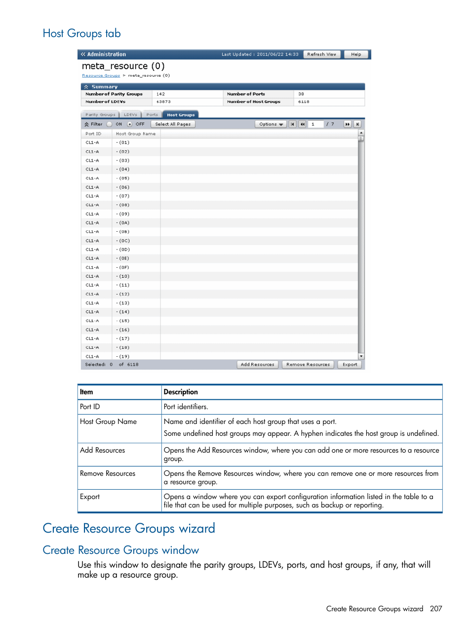 Host groups tab, Create resource groups wizard, Create resource groups window | HP XP P9500 Storage User Manual | Page 207 / 411