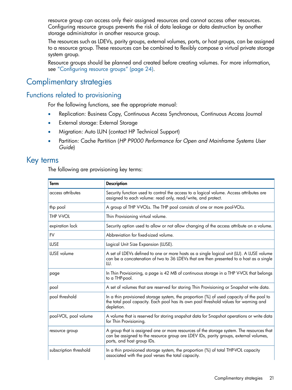 Complimentary strategies, Functions related to provisioning, Key terms | HP XP P9500 Storage User Manual | Page 21 / 411