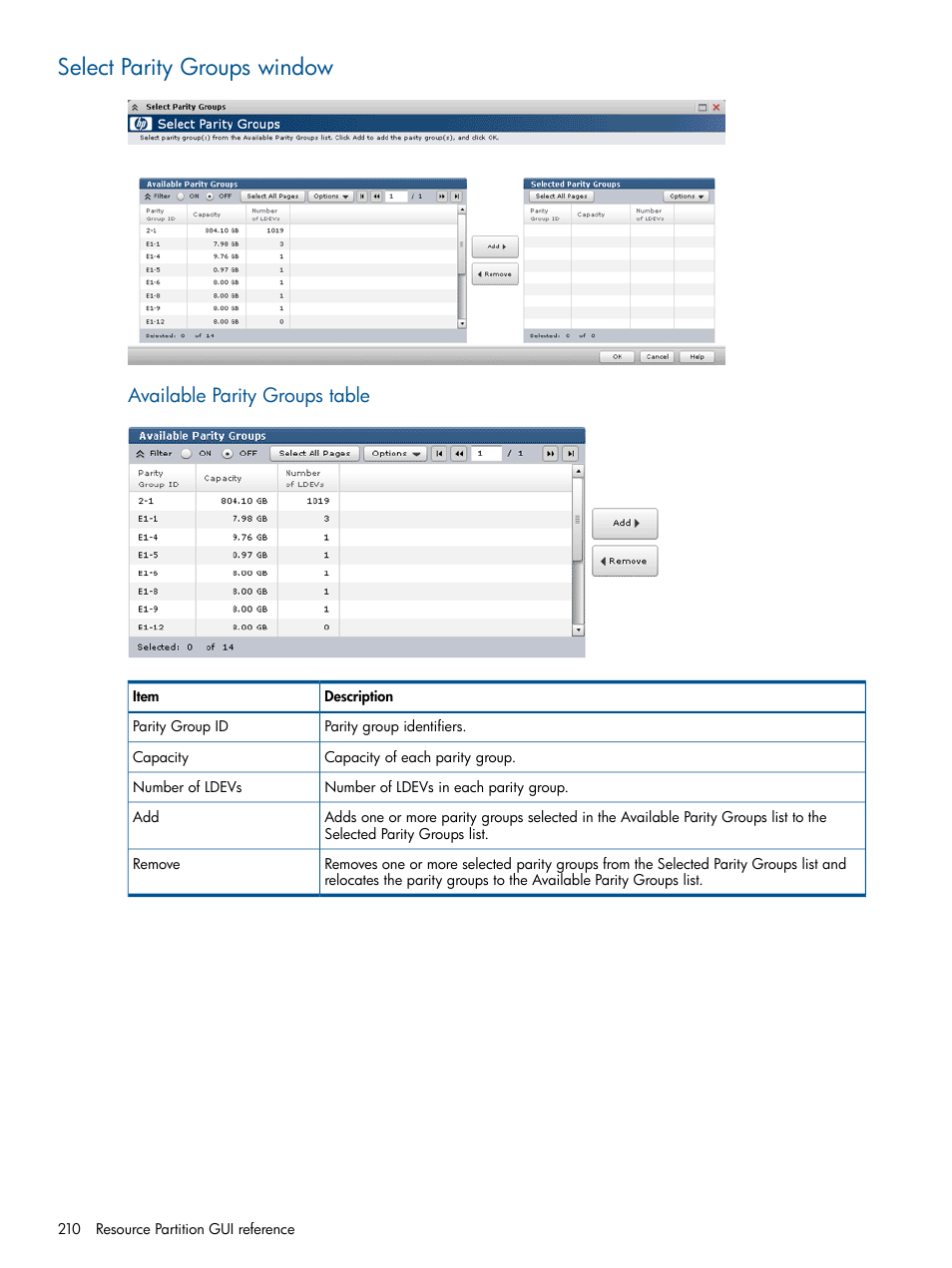 Select parity groups window, Available parity groups table | HP XP P9500 Storage User Manual | Page 210 / 411