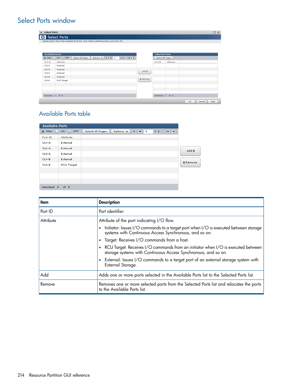 Select ports window, Available ports table | HP XP P9500 Storage User Manual | Page 214 / 411