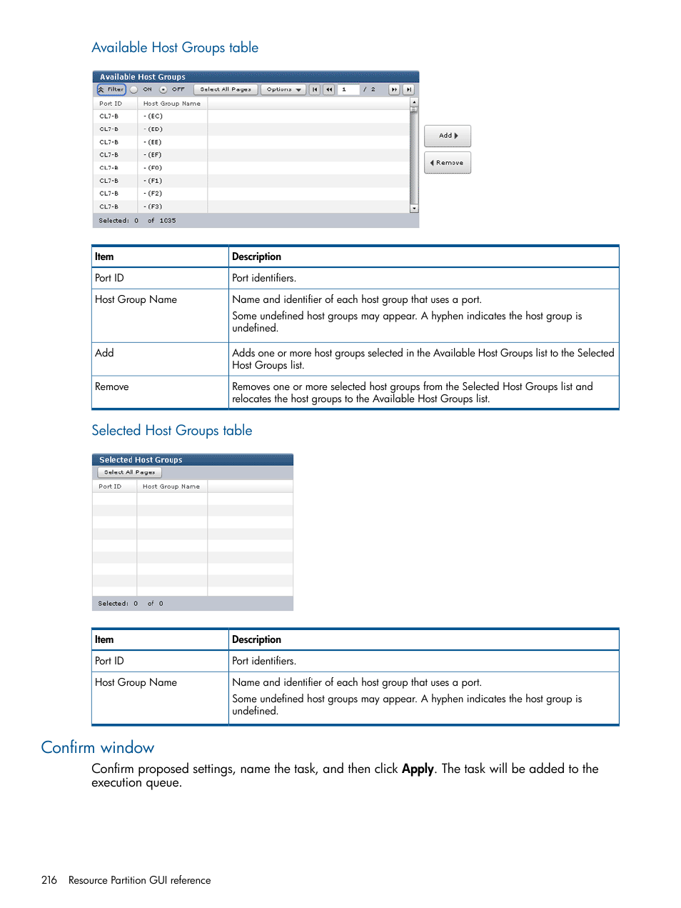 Confirm window, Available host groups table, Selected host groups table | HP XP P9500 Storage User Manual | Page 216 / 411