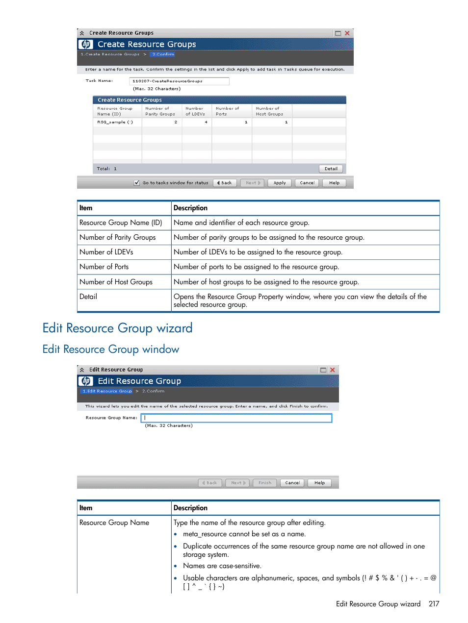 Edit resource group wizard, Edit resource group window | HP XP P9500 Storage User Manual | Page 217 / 411