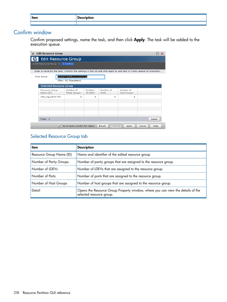 Confirm window, Selected resource group tab | HP XP P9500 Storage User Manual | Page 218 / 411