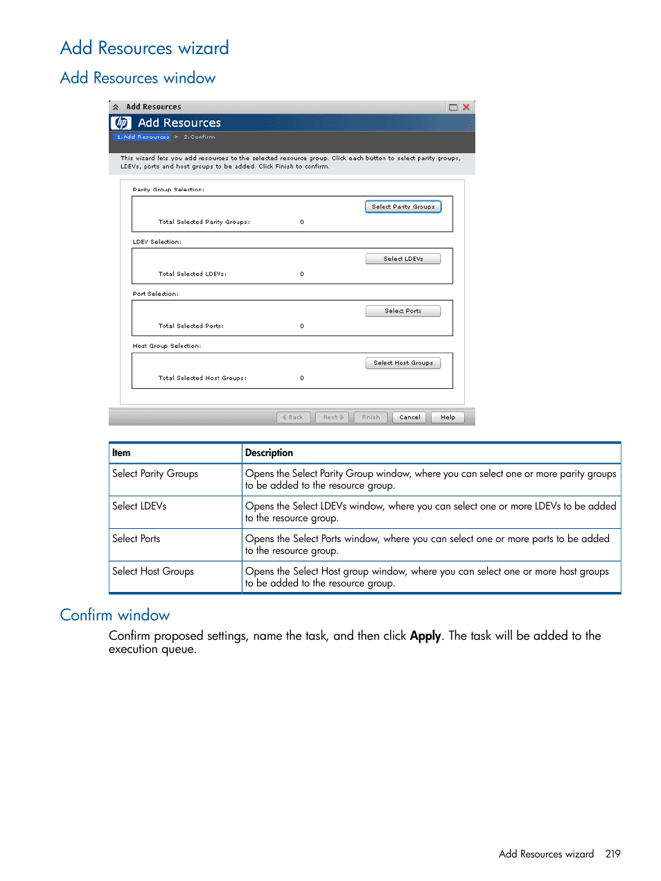 Add resources wizard, Add resources window, Confirm window | Add resources window confirm window | HP XP P9500 Storage User Manual | Page 219 / 411