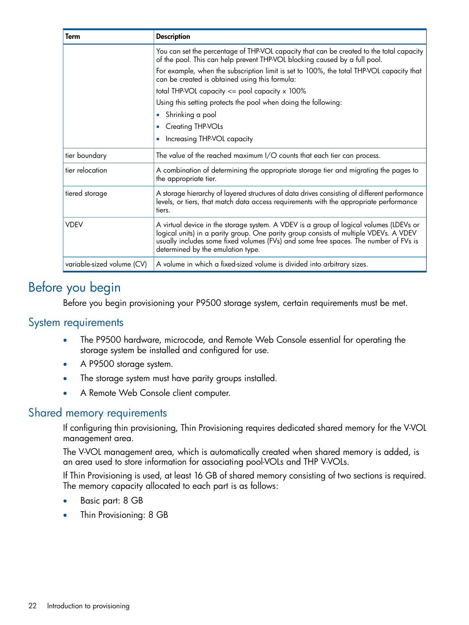 Before you begin, System requirements, Shared memory requirements | System requirements shared memory requirements | HP XP P9500 Storage User Manual | Page 22 / 411
