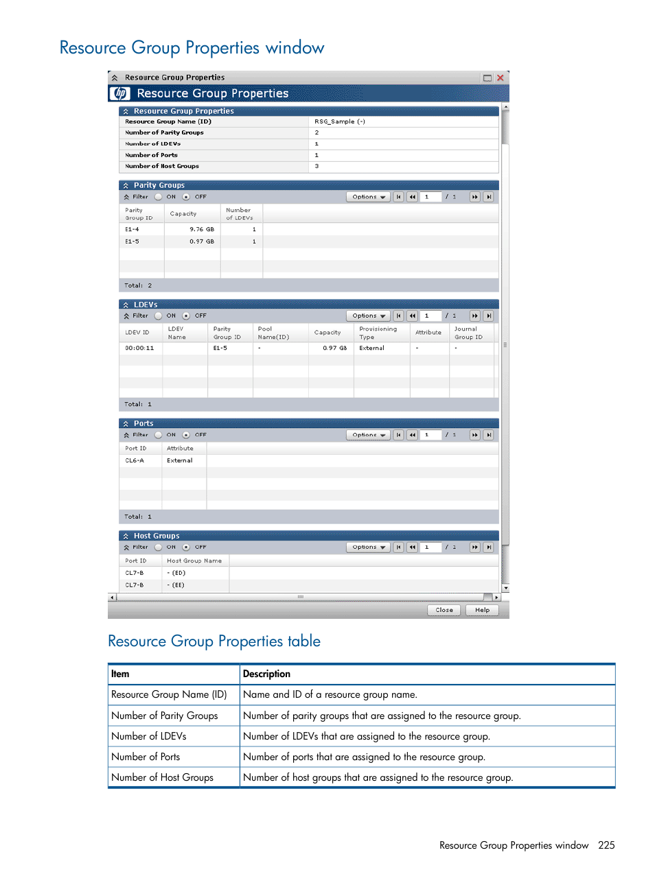 Resource group properties window, Resource group properties table | HP XP P9500 Storage User Manual | Page 225 / 411