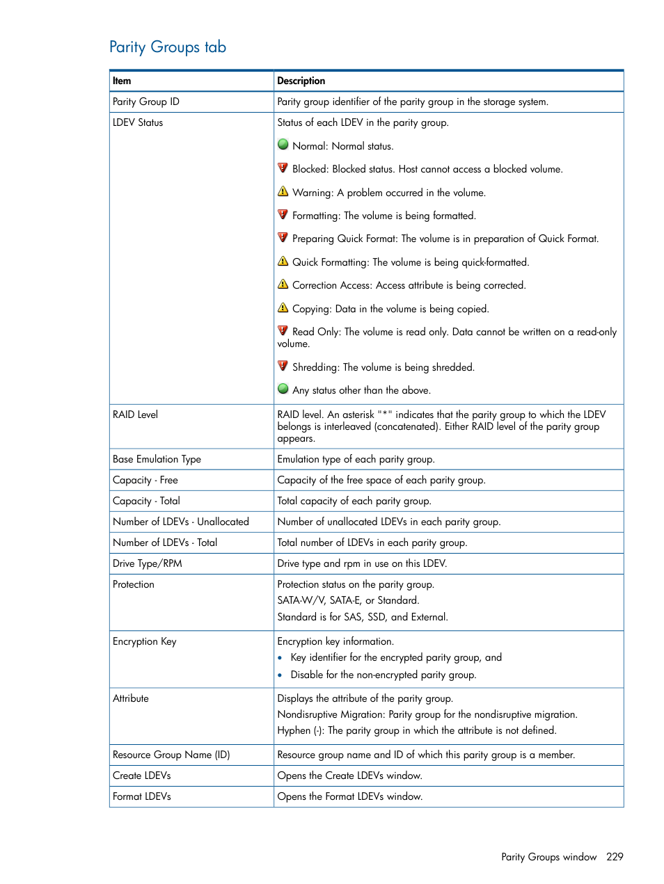 Parity groups tab | HP XP P9500 Storage User Manual | Page 229 / 411