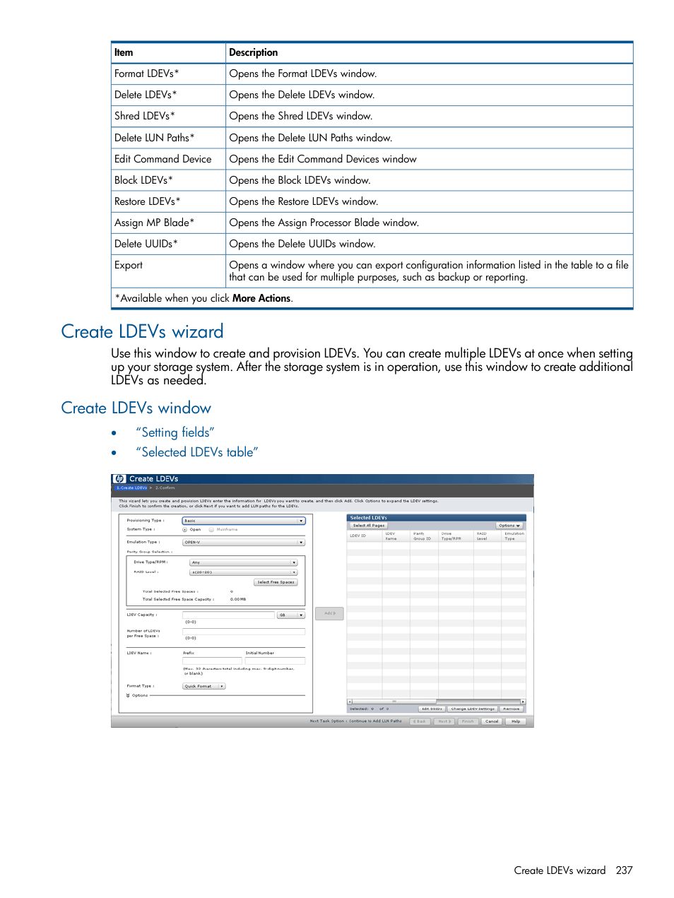 Create ldevs wizard, Create ldevs window | HP XP P9500 Storage User Manual | Page 237 / 411