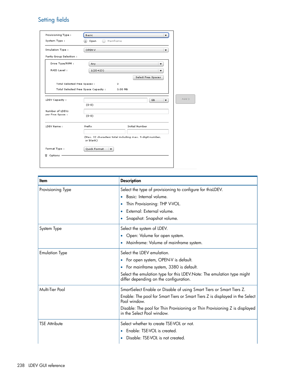 Setting fields | HP XP P9500 Storage User Manual | Page 238 / 411