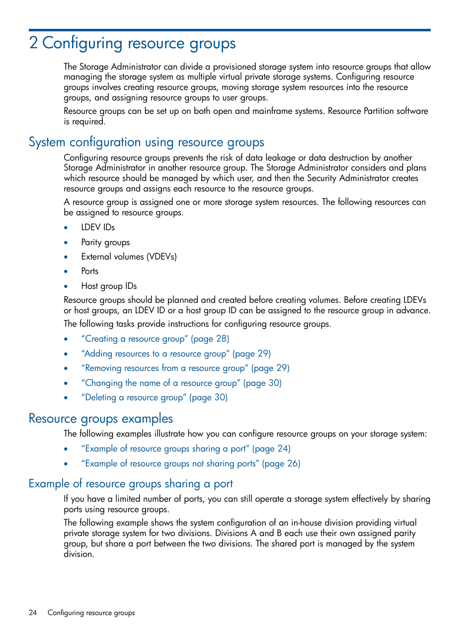 2 configuring resource groups, System configuration using resource groups, Resource groups examples | Example of resource groups sharing a port | HP XP P9500 Storage User Manual | Page 24 / 411