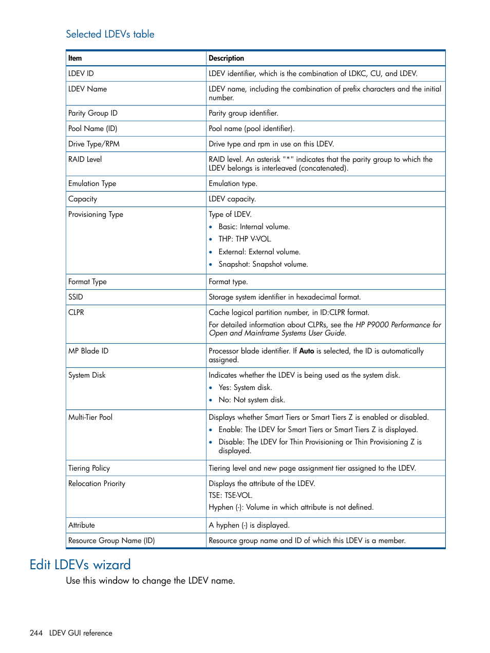 Edit ldevs wizard, Selected ldevs table | HP XP P9500 Storage User Manual | Page 244 / 411