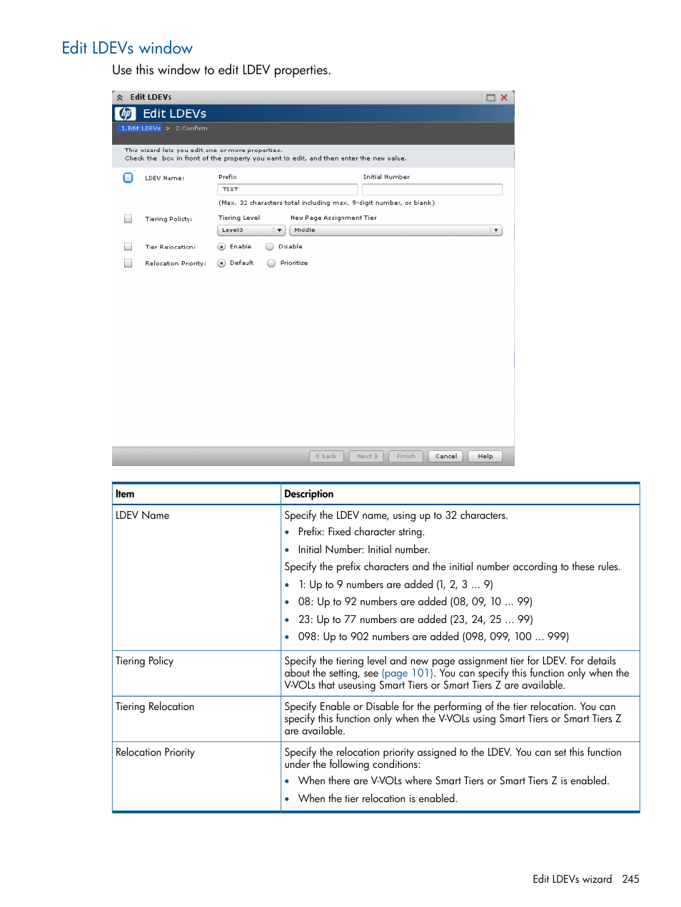 Edit ldevs window | HP XP P9500 Storage User Manual | Page 245 / 411