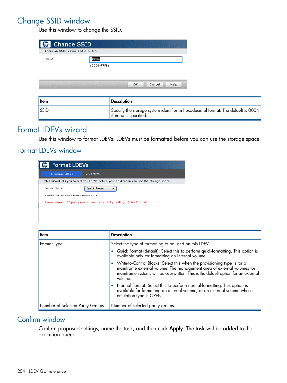 Change ssid window, Format ldevs wizard, Format ldevs window | Confirm window, Change ssid window format ldevs wizard, Format ldevs window confirm window | HP XP P9500 Storage User Manual | Page 254 / 411