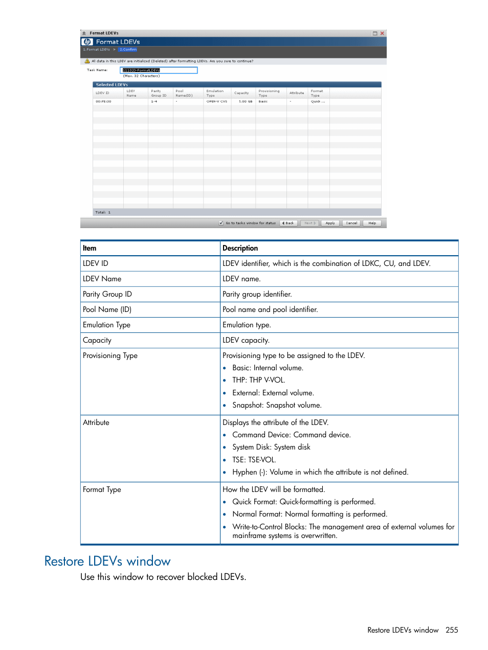 Restore ldevs window | HP XP P9500 Storage User Manual | Page 255 / 411