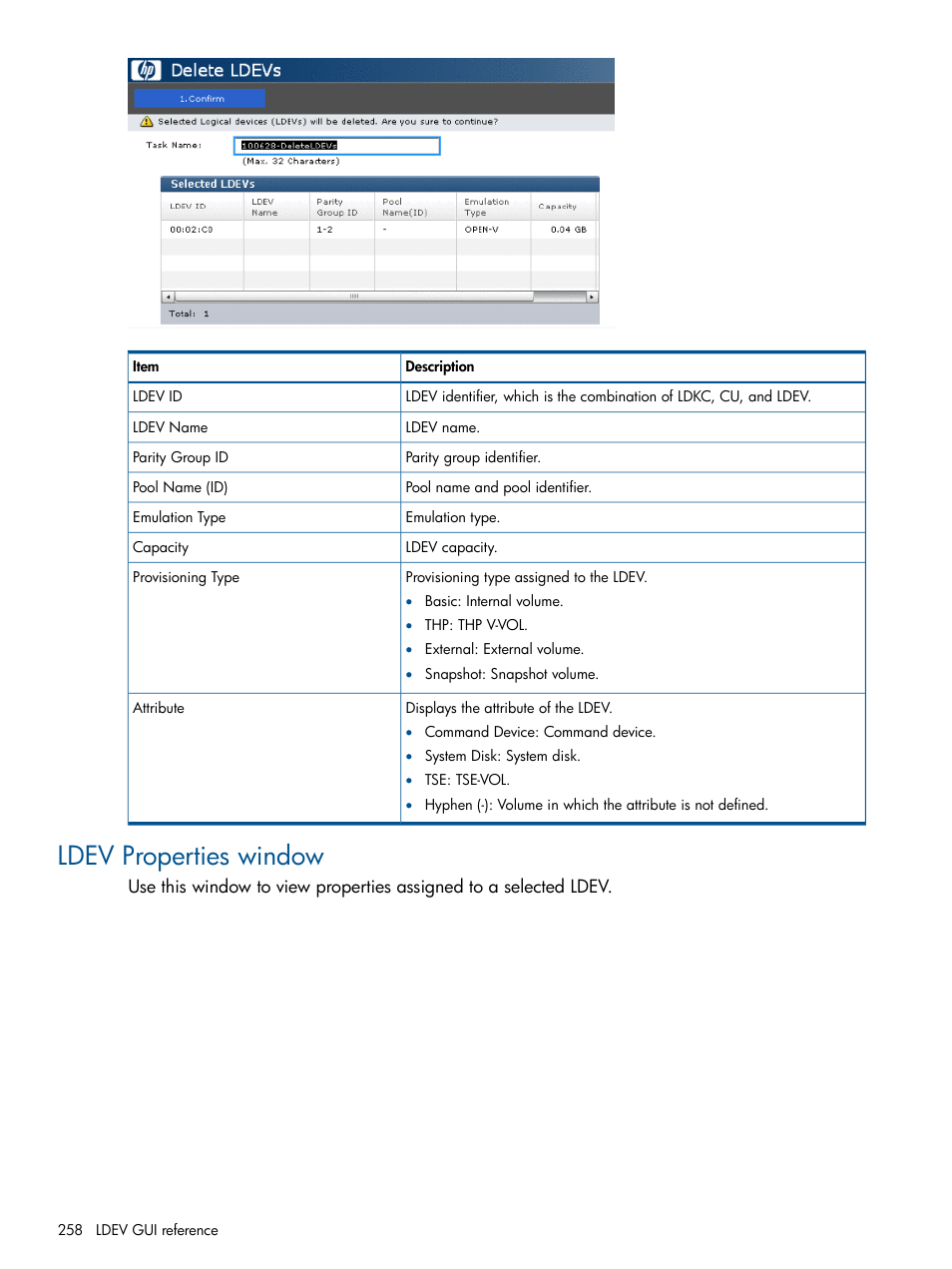 Ldev properties window | HP XP P9500 Storage User Manual | Page 258 / 411