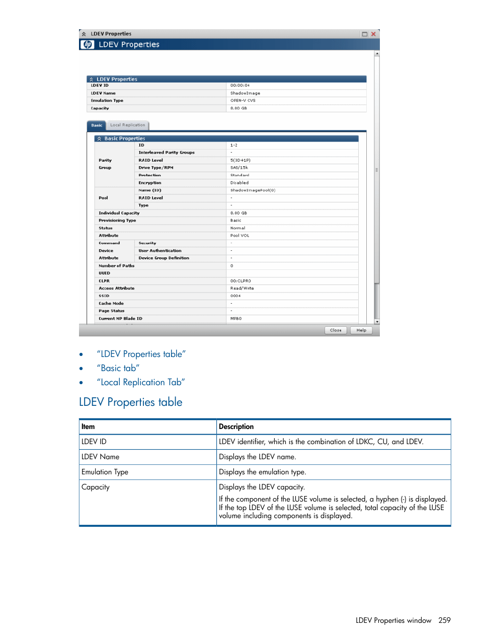 Ldev properties table | HP XP P9500 Storage User Manual | Page 259 / 411