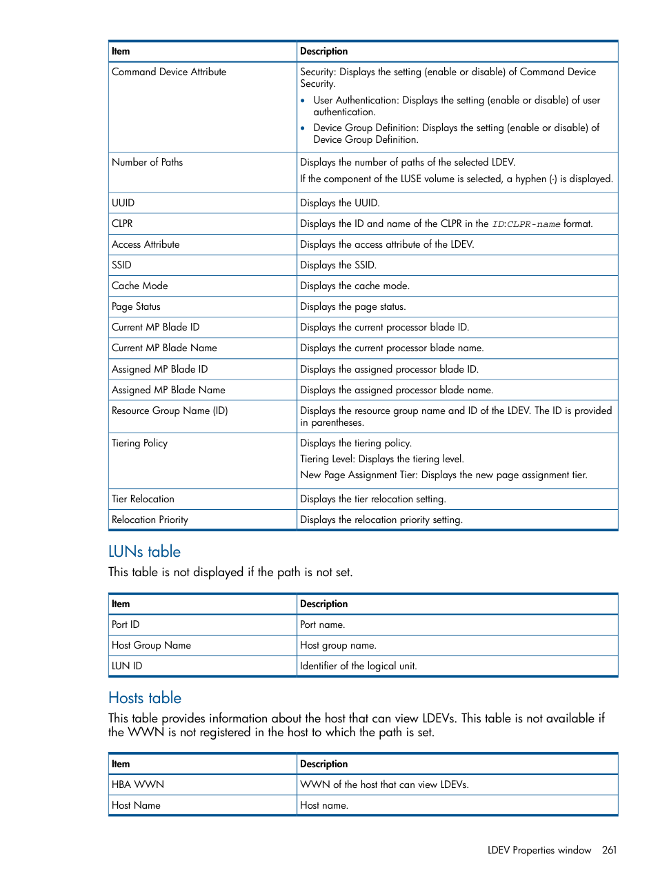 Luns table, Hosts table | HP XP P9500 Storage User Manual | Page 261 / 411