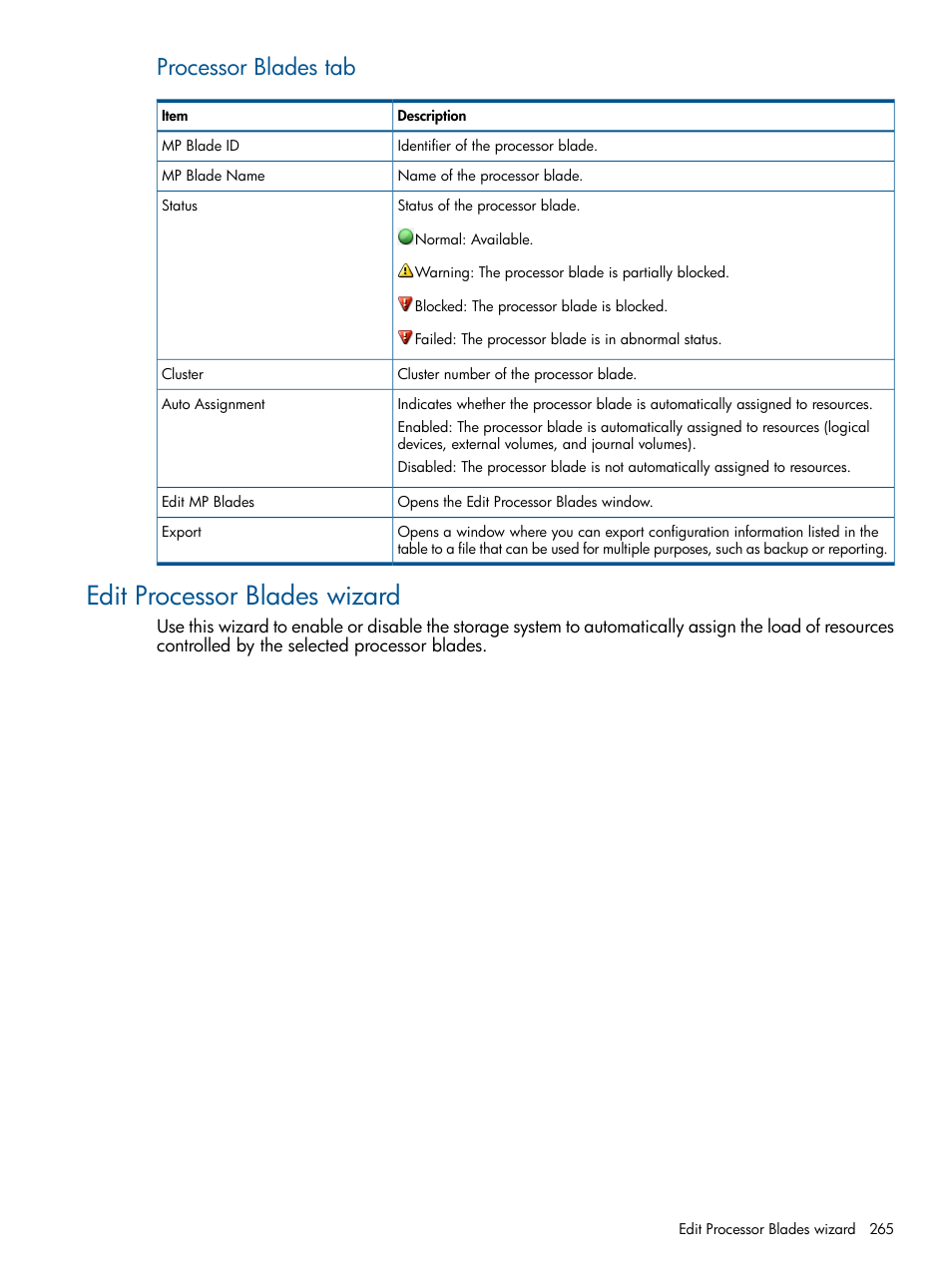 Edit processor blades wizard, Processor blades tab | HP XP P9500 Storage User Manual | Page 265 / 411