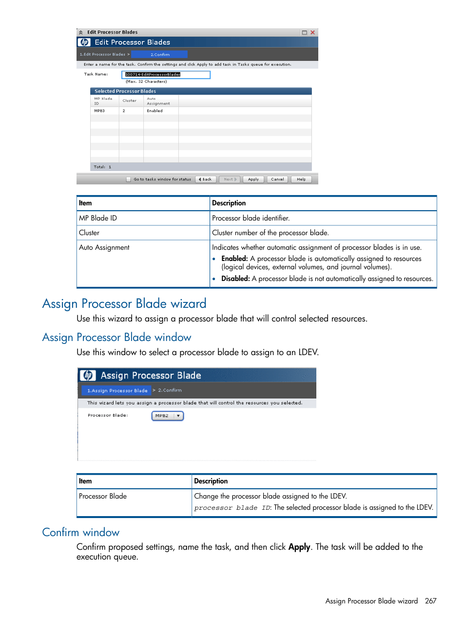 Assign processor blade wizard, Assign processor blade window, Confirm window | Assign processor blade window confirm window | HP XP P9500 Storage User Manual | Page 267 / 411