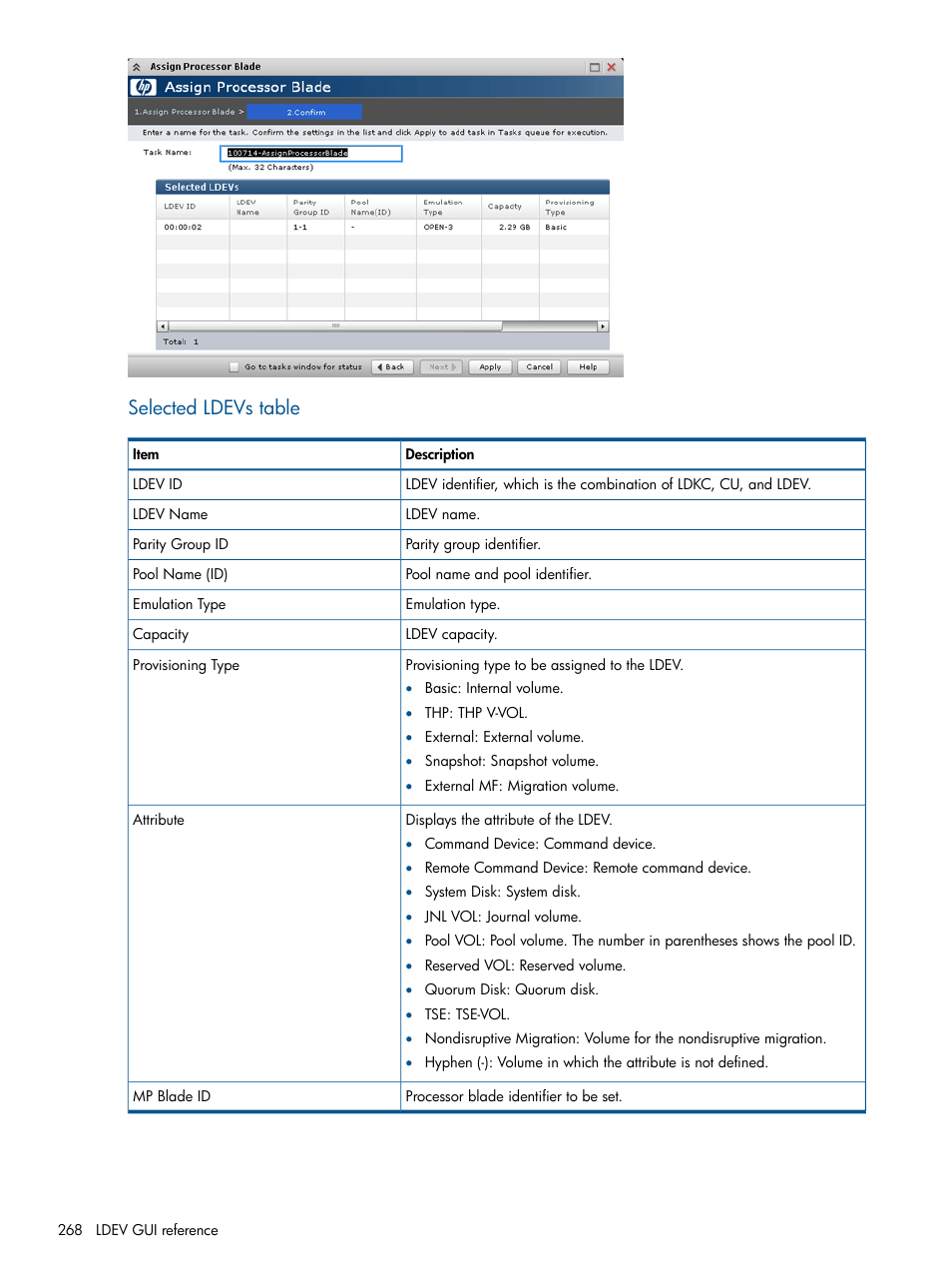 Selected ldevs table | HP XP P9500 Storage User Manual | Page 268 / 411