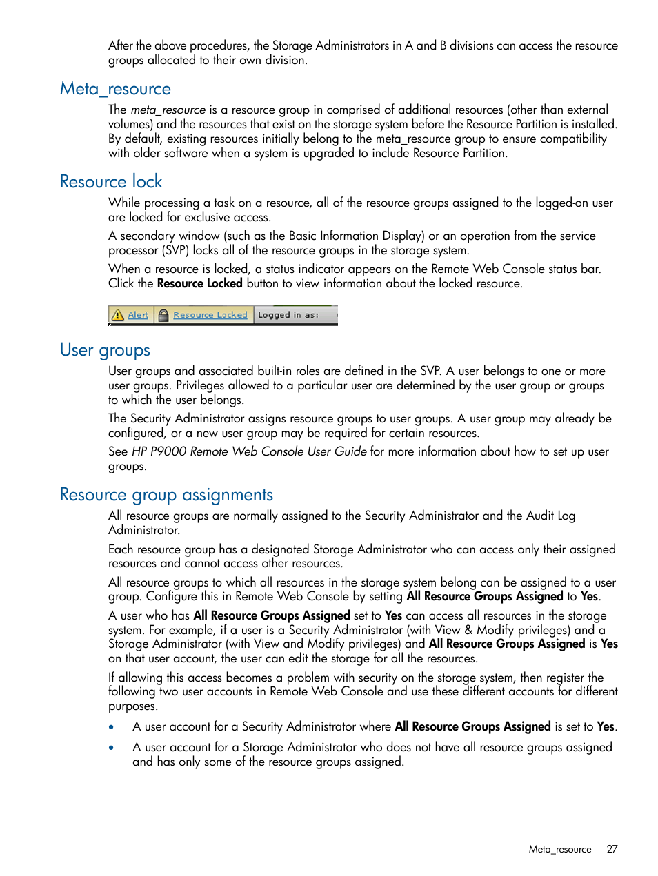 Meta_resource, Resource lock, User groups | Resource group assignments | HP XP P9500 Storage User Manual | Page 27 / 411