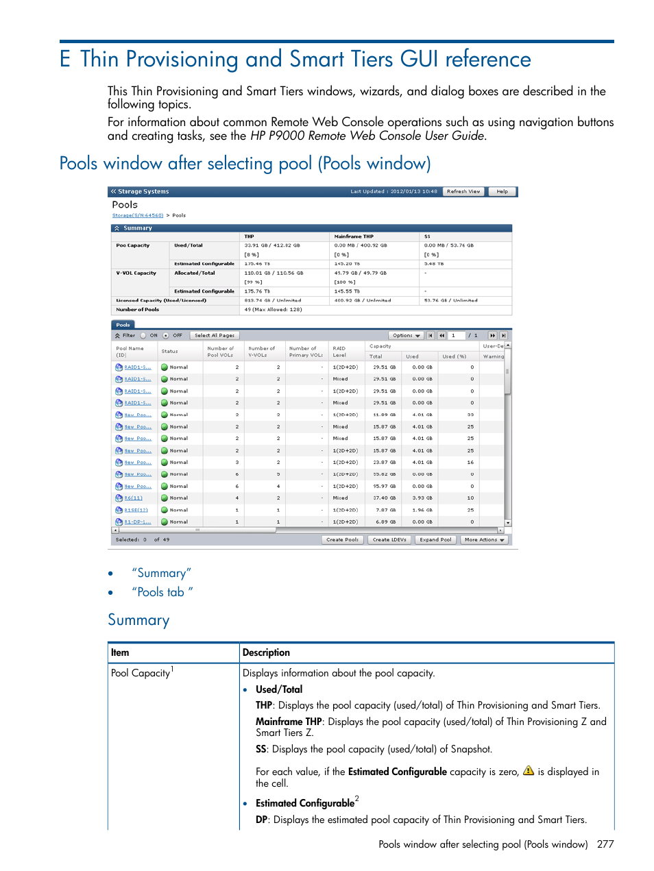 E thin provisioning and smart tiers gui reference, Pools window after selecting pool (pools window), Summary | HP XP P9500 Storage User Manual | Page 277 / 411
