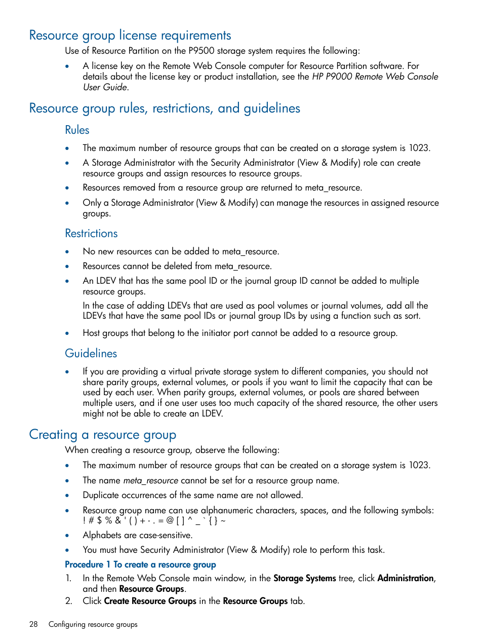 Resource group license requirements, Resource group rules, restrictions, and guidelines, Creating a resource group | Rules, Restrictions, Guidelines | HP XP P9500 Storage User Manual | Page 28 / 411