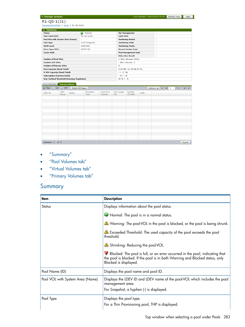 Summary | HP XP P9500 Storage User Manual | Page 283 / 411
