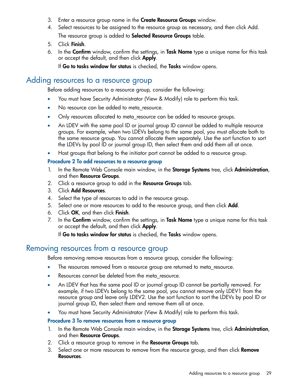 Adding resources to a resource group, Removing resources from a resource group | HP XP P9500 Storage User Manual | Page 29 / 411