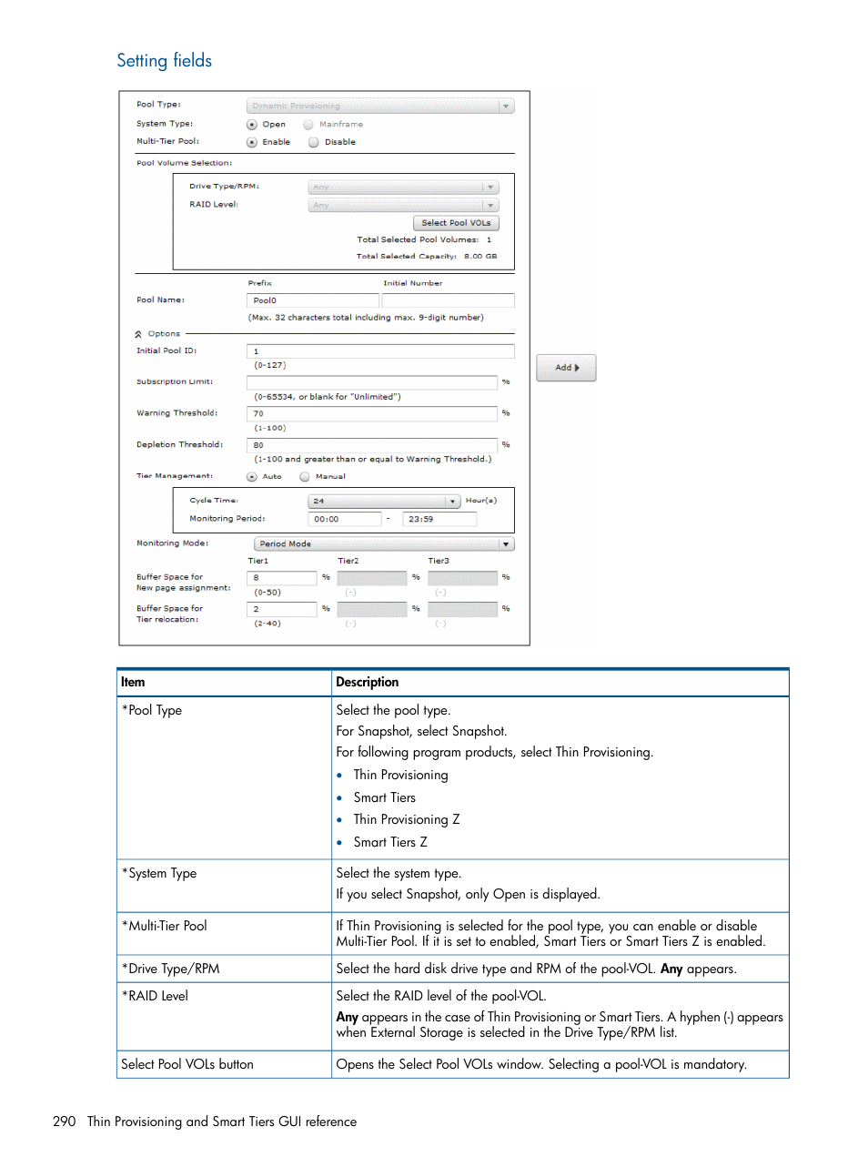 Setting fields | HP XP P9500 Storage User Manual | Page 290 / 411