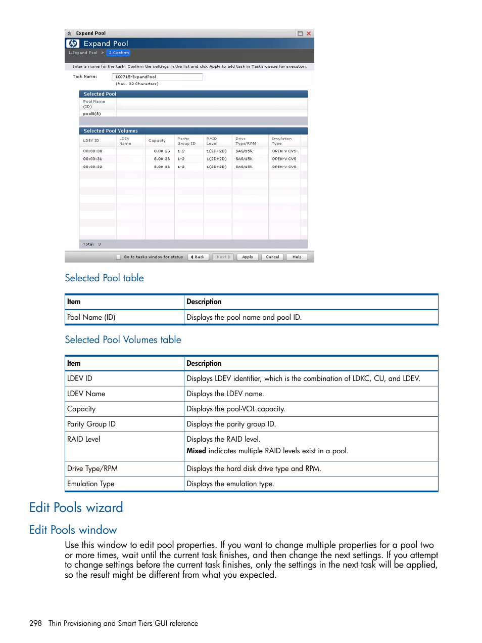 Edit pools wizard, Edit pools window, Selected pool table | Selected pool volumes table | HP XP P9500 Storage User Manual | Page 298 / 411