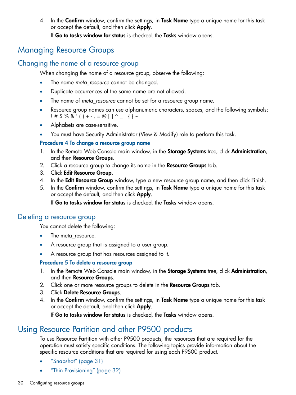 Managing resource groups, Changing the name of a resource group, Deleting a resource group | Using resource partition and other p9500 products | HP XP P9500 Storage User Manual | Page 30 / 411