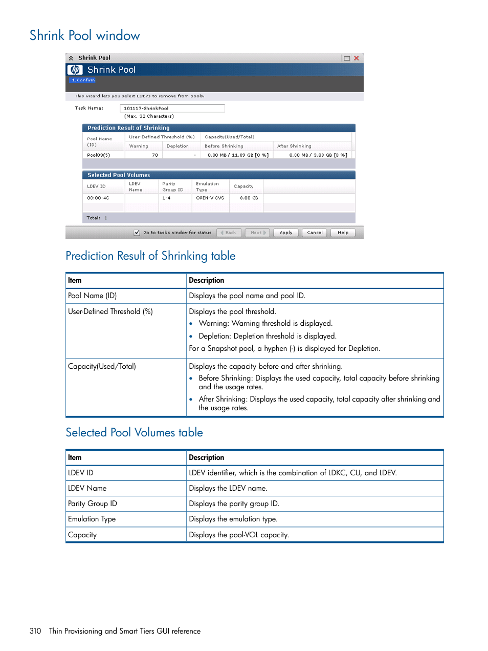 Shrink pool window, Prediction result of shrinking table, Selected pool volumes table | HP XP P9500 Storage User Manual | Page 310 / 411