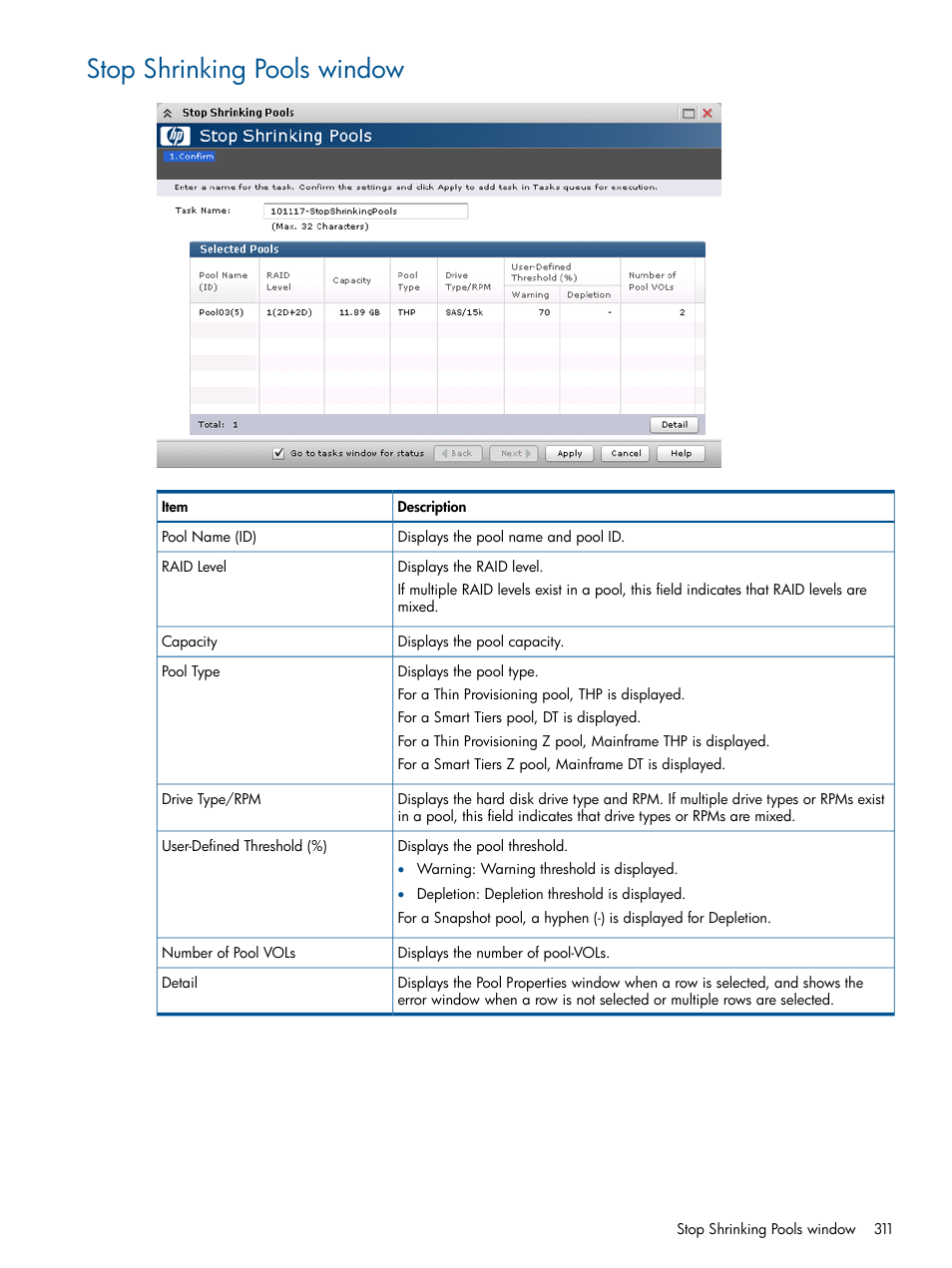 Stop shrinking pools window | HP XP P9500 Storage User Manual | Page 311 / 411