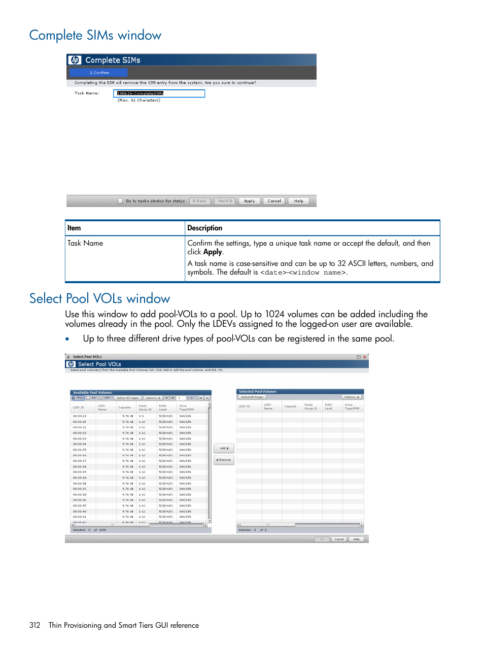 Complete sims window, Select pool vols window, Complete sims window select pool vols window | HP XP P9500 Storage User Manual | Page 312 / 411