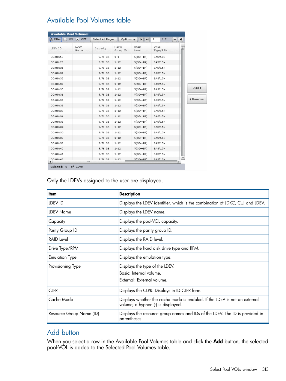 Available pool volumes table, Add button | HP XP P9500 Storage User Manual | Page 313 / 411