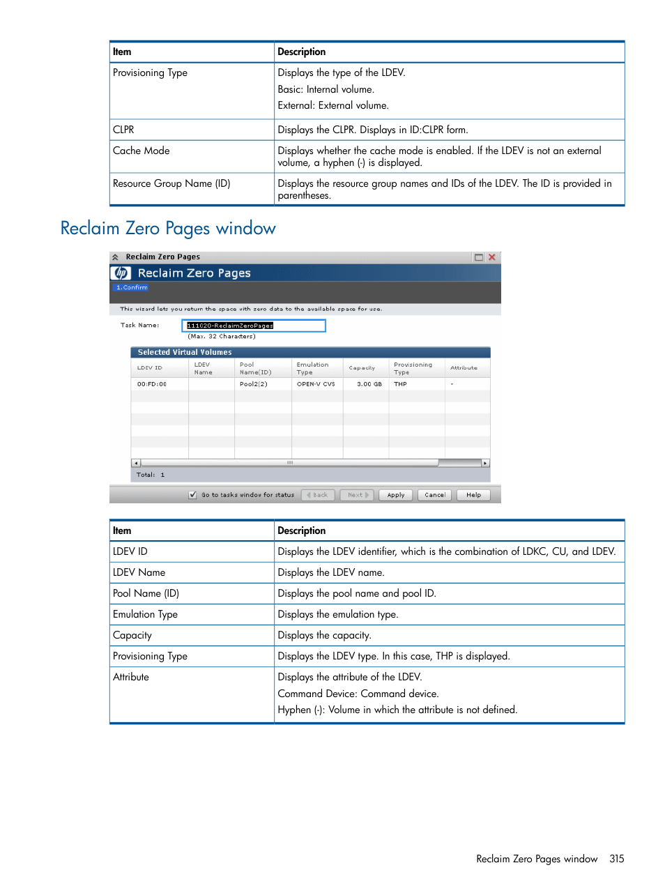 Reclaim zero pages window | HP XP P9500 Storage User Manual | Page 315 / 411