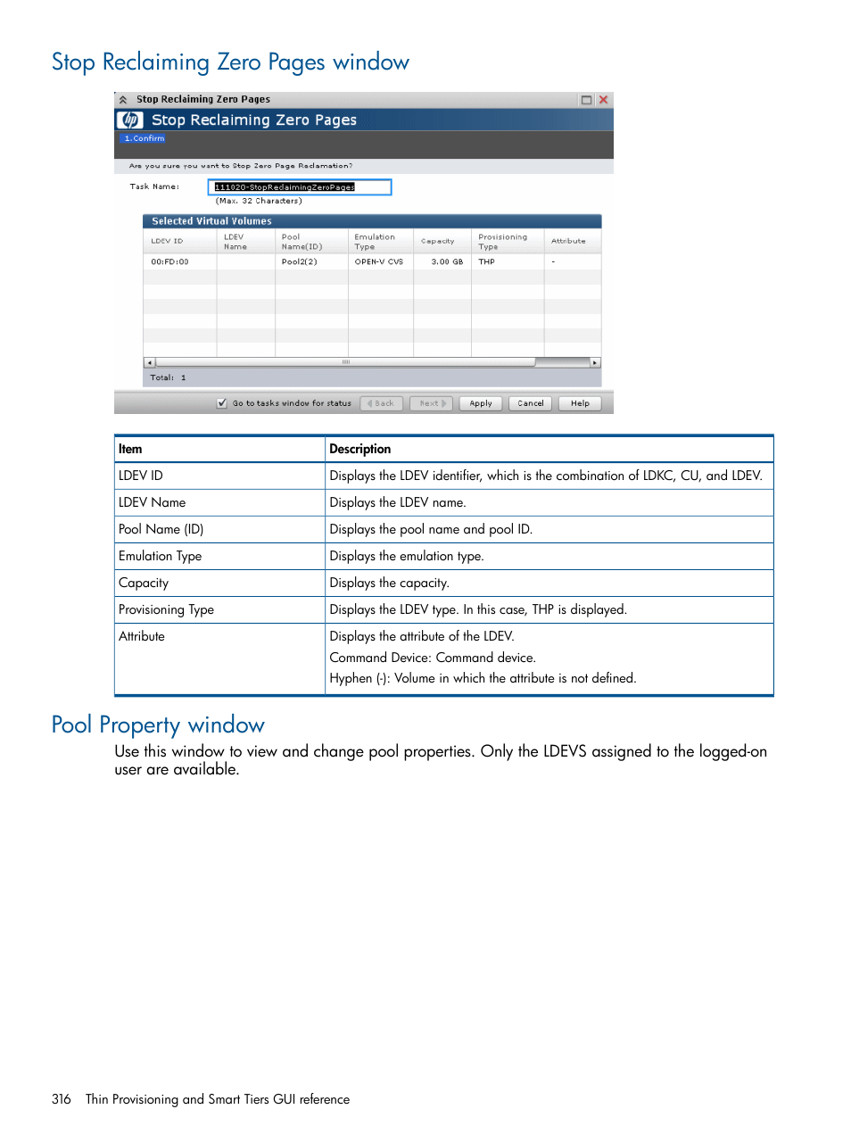 Pool property window, Stop reclaiming zero pages window | HP XP P9500 Storage User Manual | Page 316 / 411