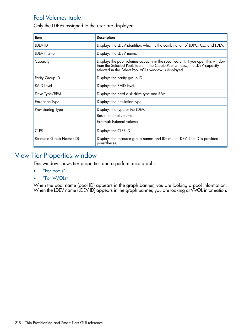 View tier properties window, Pool volumes table | HP XP P9500 Storage User Manual | Page 318 / 411