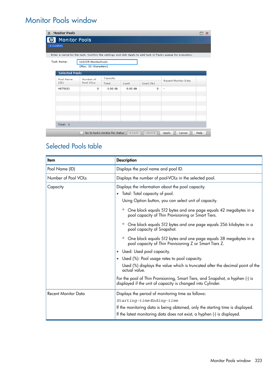 Monitor pools window, Selected pools table | HP XP P9500 Storage User Manual | Page 323 / 411