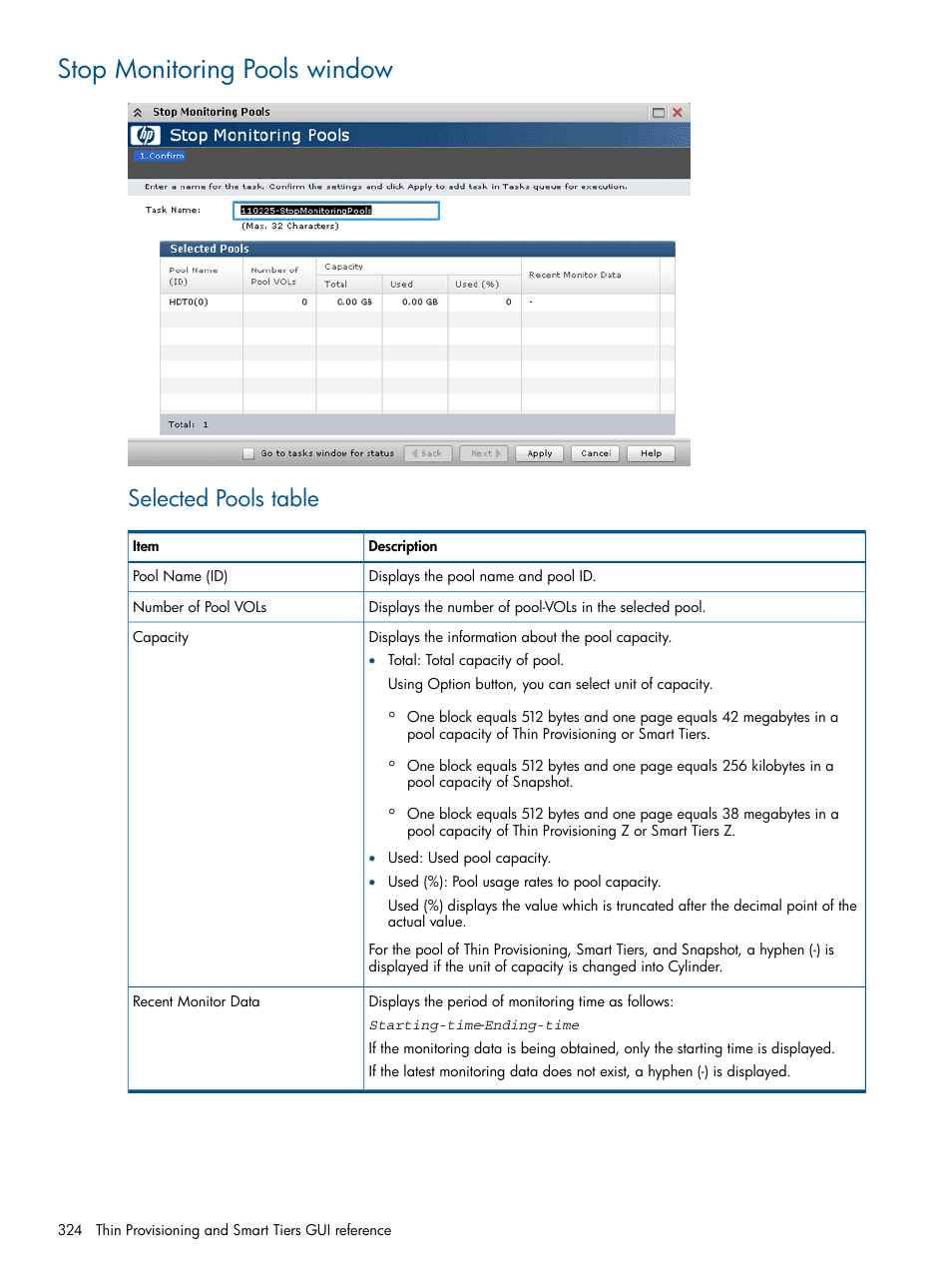 Stop monitoring pools window, Selected pools table | HP XP P9500 Storage User Manual | Page 324 / 411