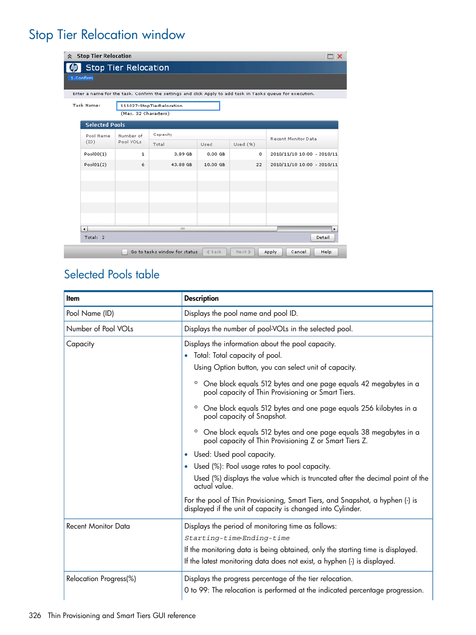 Stop tier relocation window, Selected pools table | HP XP P9500 Storage User Manual | Page 326 / 411