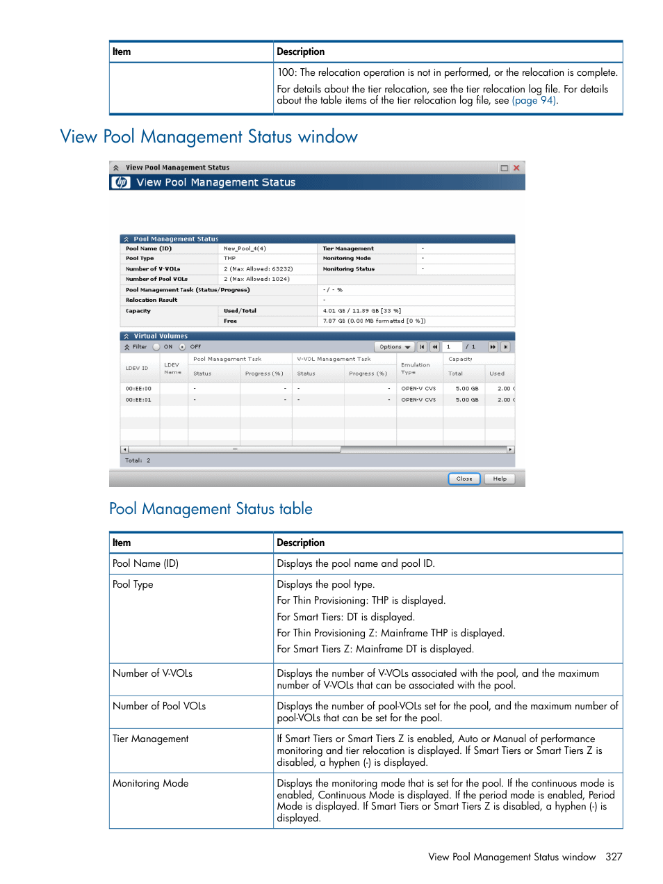 View pool management status window, Pool management status table | HP XP P9500 Storage User Manual | Page 327 / 411